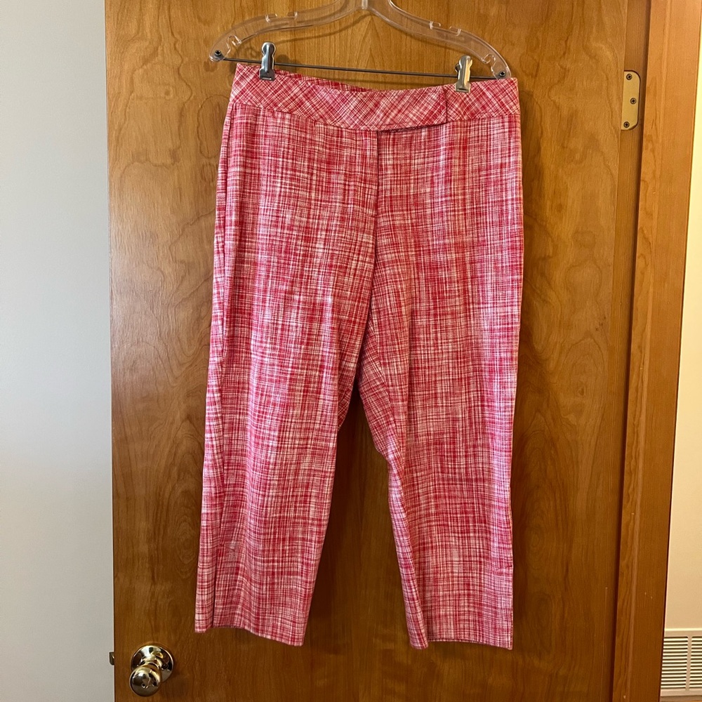 Talbots Linen Cotton Blend Tapered Capri Pants Red White Petite Size 10 P 10P